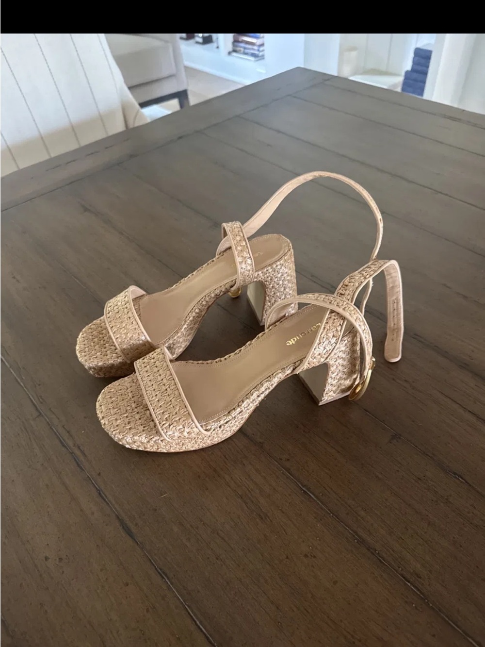 Woven Block Heel Sandals in Light Beige